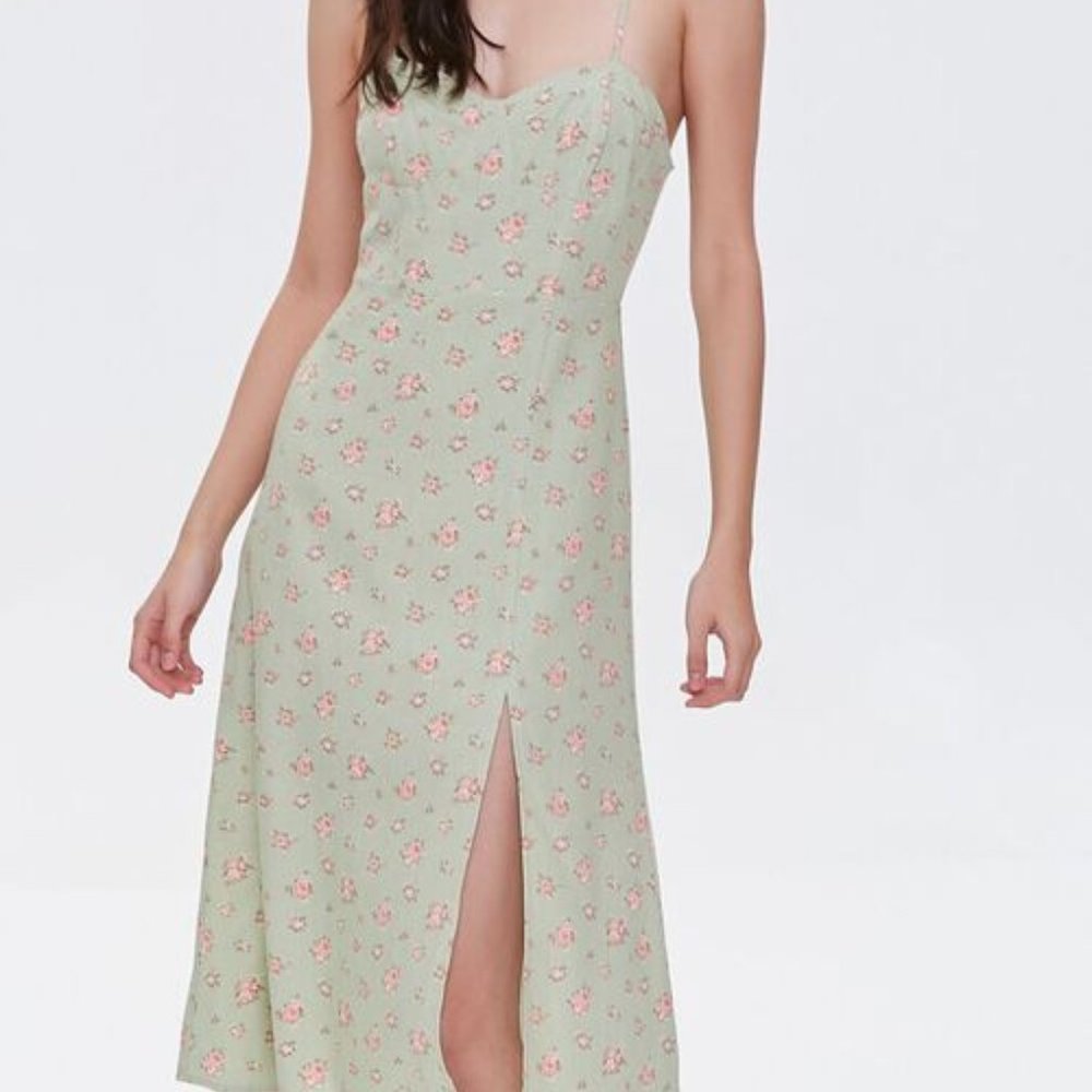 F21 Light Green Floral Midi Dress